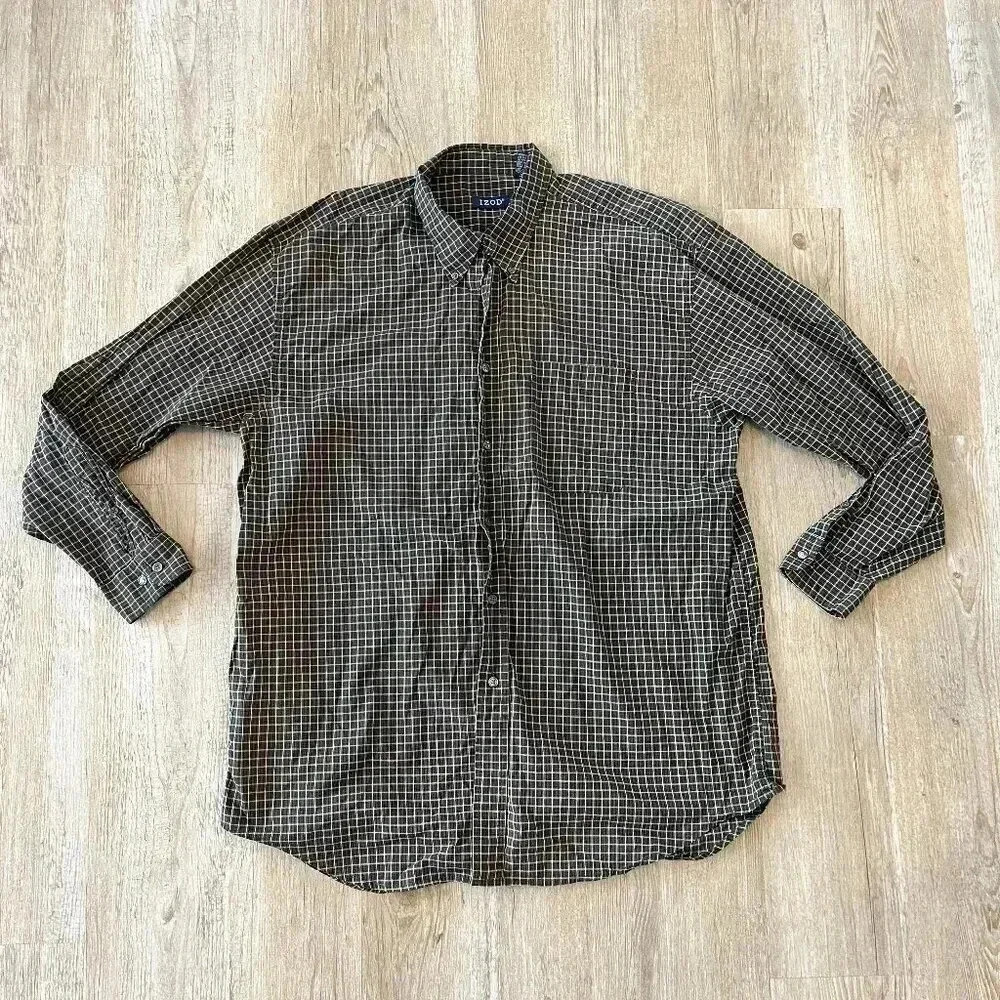 Mens Izod Green Checkered Button Up Shirt - XL